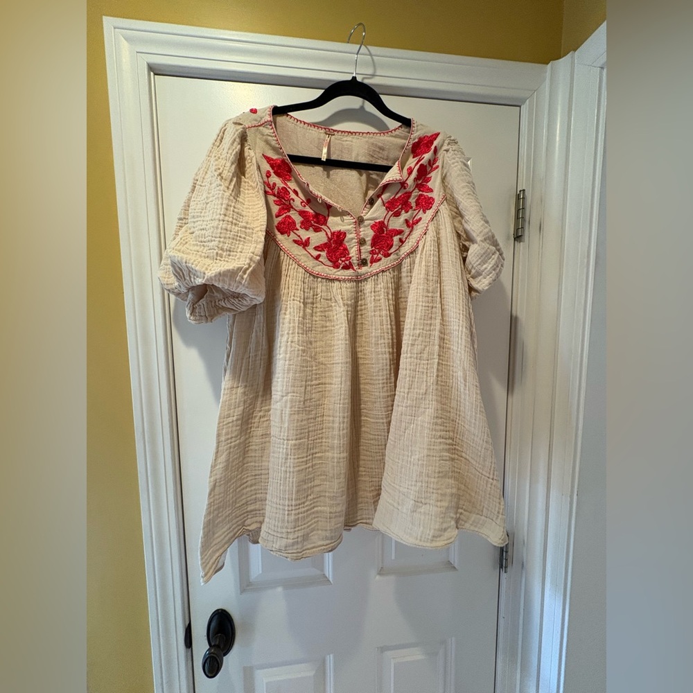 Anthropologie Boho Embroidered Beige and Red Women's Mini Dress